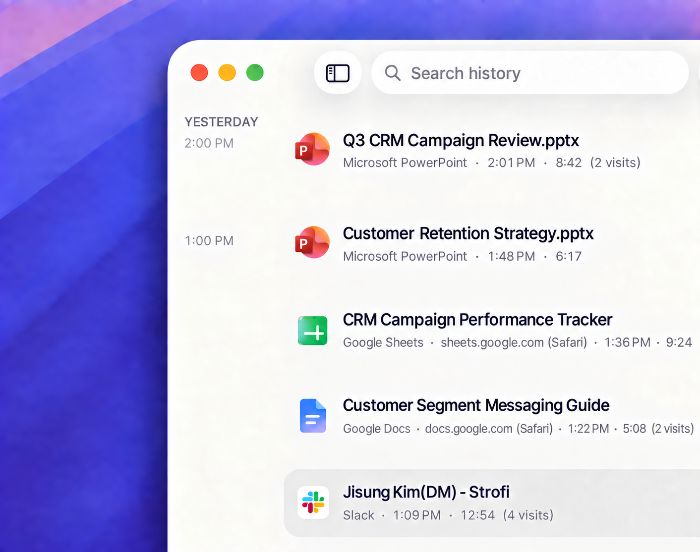 Strofi activity timeline showing CRM work across PowerPoint, Google Sheets, Google Docs, and Slack