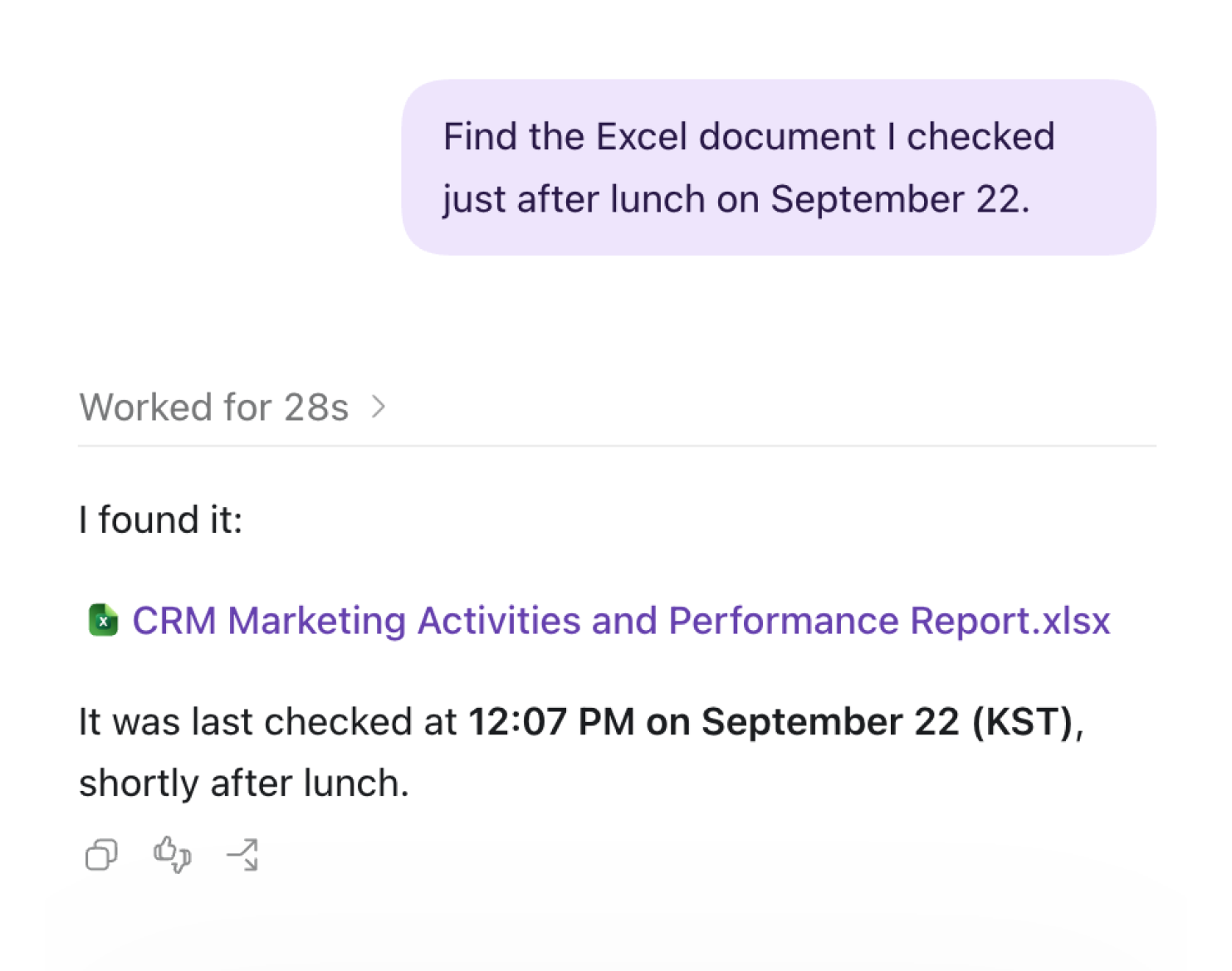 AI assistant finding a past Excel document from Strofi activity history