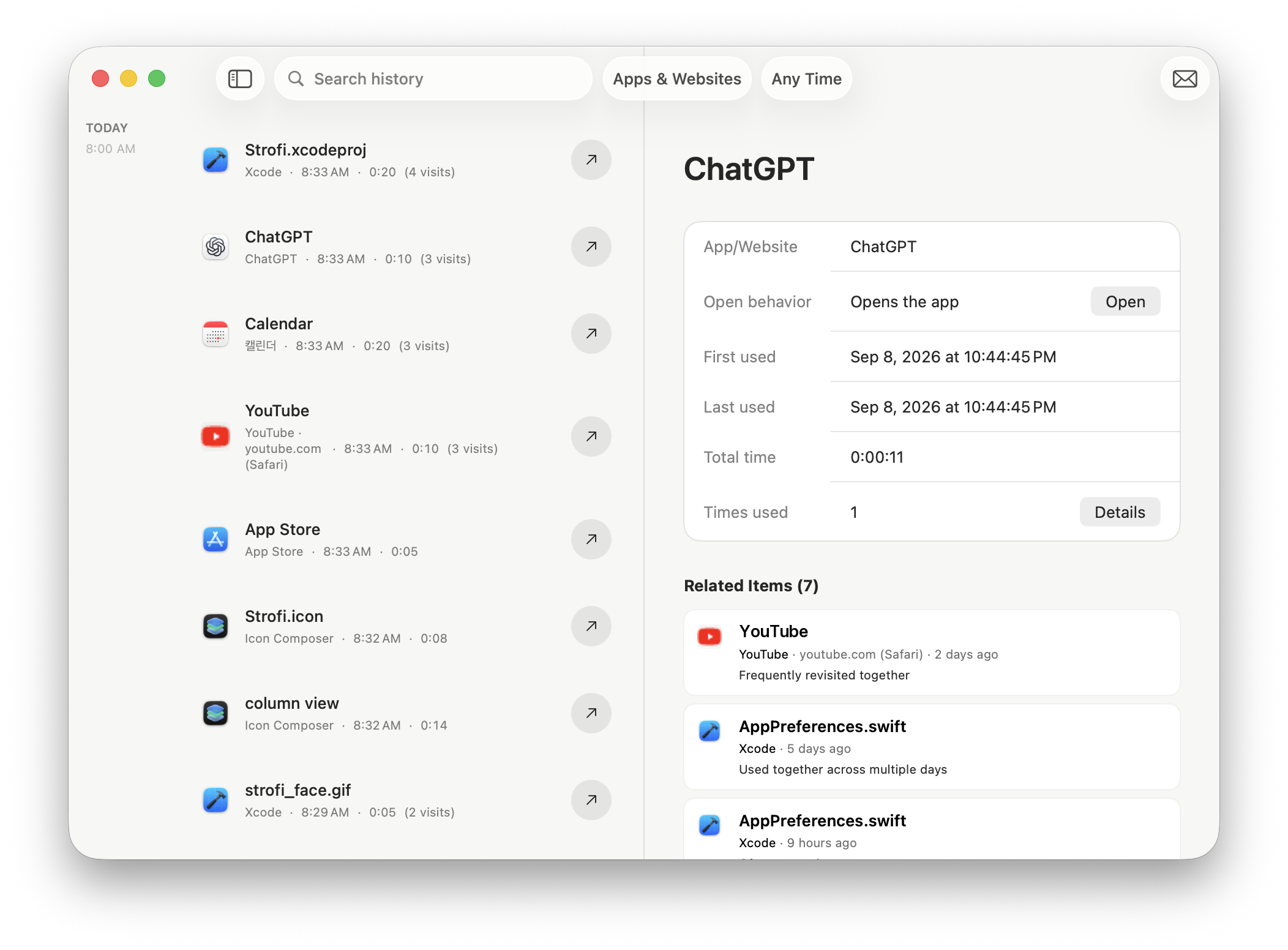 Strofi activity history showing apps, websites, files, and related items